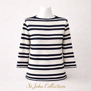 St. John Collection Marie Gray Open-Weave Stripe Knit Top Blue White NWOT S